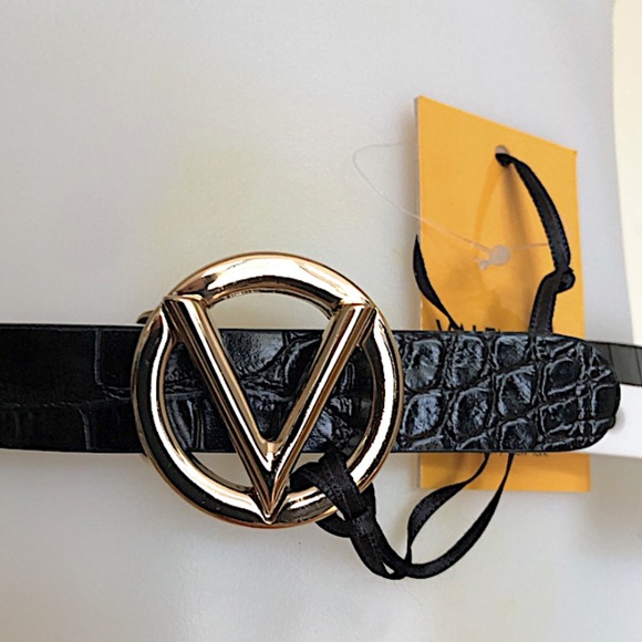 Valentino By Mario Valentino Croc Embossed V-Logo Gold Black Leather Belt main image 8
